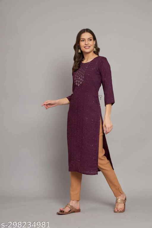 Cotton Embellished Kurti for Women (Wine, M)