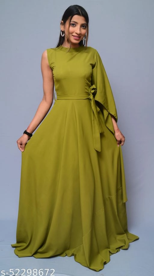 Crepe Solid Gown for Women (Olive, XS)