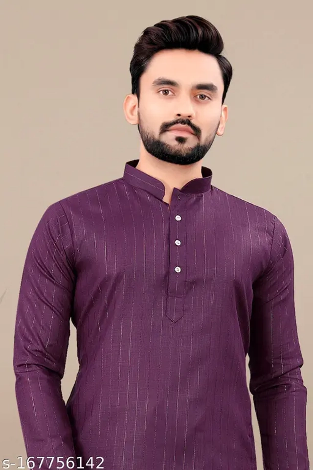 Cotton Blend Striped Kurta with Pyjama for Men (Purple & White, S)