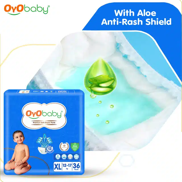 Oyo Baby Diaper Pants With Aloe Anti Rash Shield | 12 Hours Protection |X- Large - 12 To 17 Kg (36 Units - Pack Of 2)