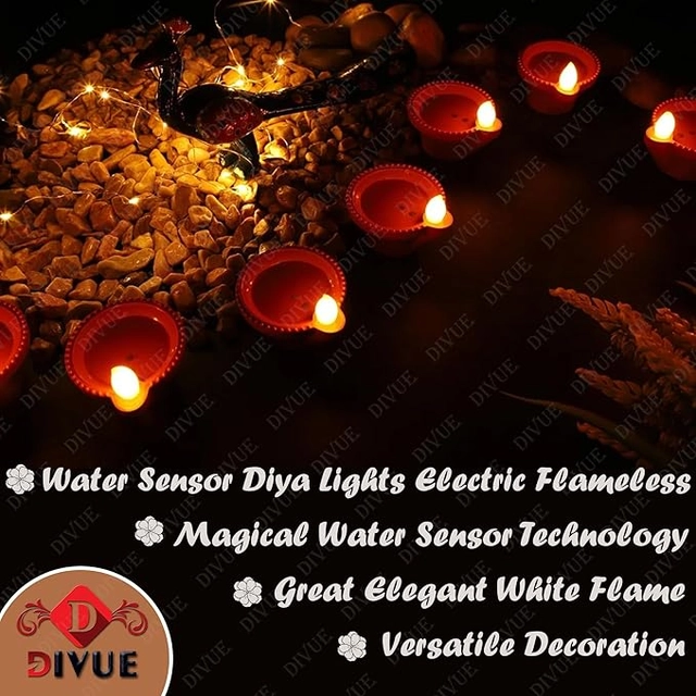 Plastic Traditional Water Sensor LED Diya for Diwali (Brown, Pack of 12)