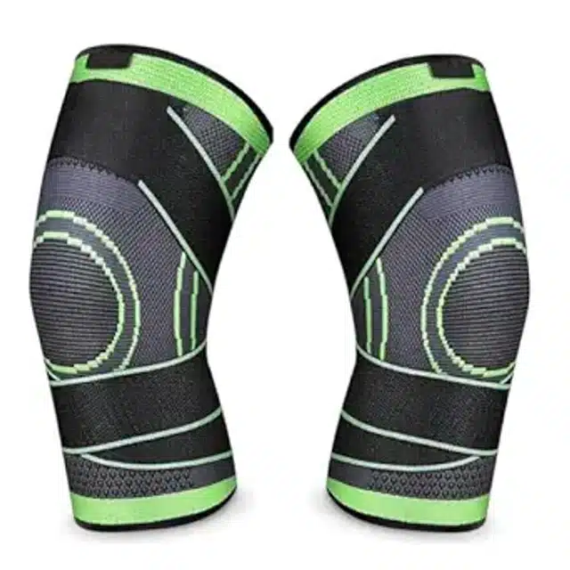 Cotton Elastic Knee Support Sleeves for Men & Women (Green & Black, Pack of 2)