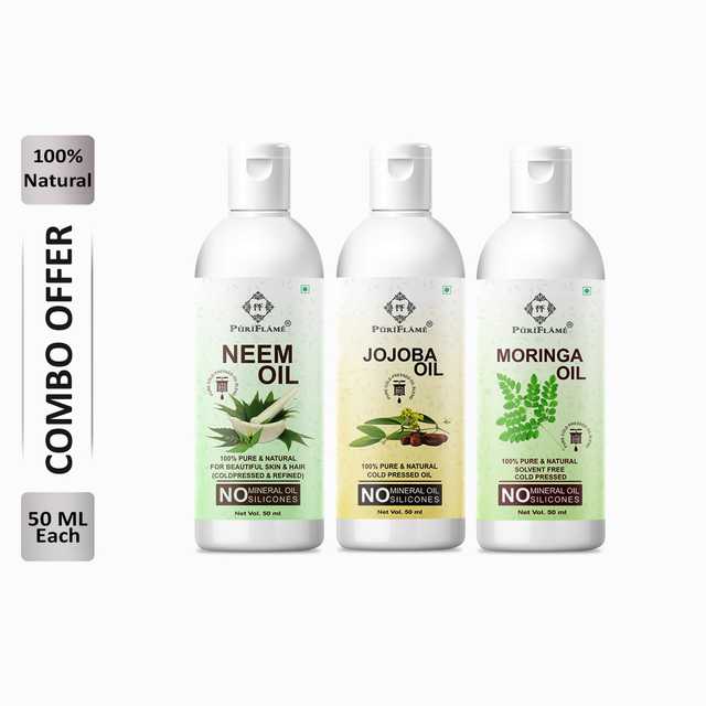 Puriflame Pure Neem Oil (50 ml), Jojoba Oil (50 ml) & Moringa Oil (50 ml) Combo for Rapid Hair Growth (Pack of 3) (B-12140)