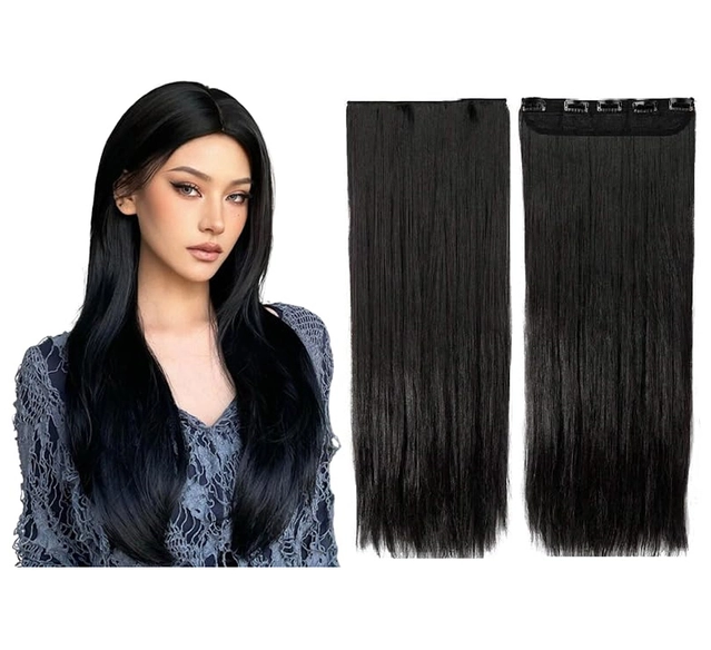 Synthetic Fiber 5 Clip Straight Natural Hair Extension for Women (Black)