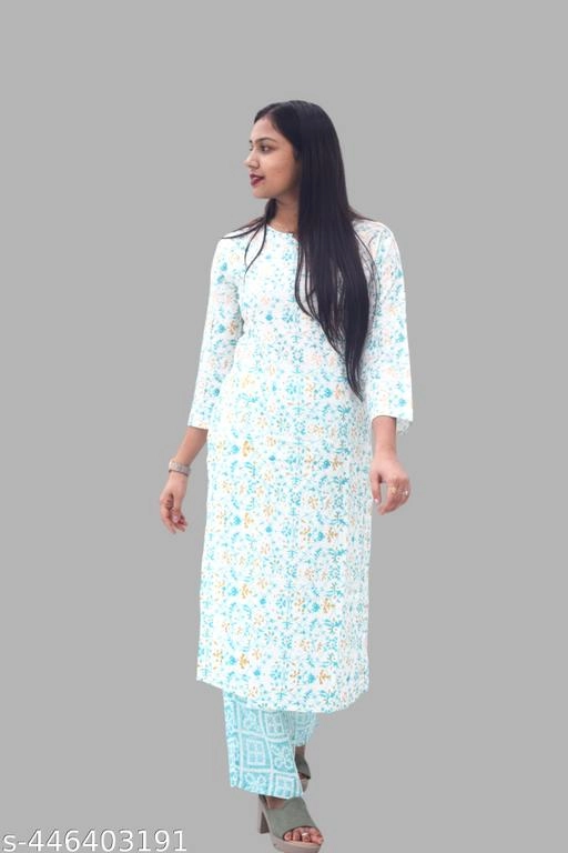 Rayon Printed Kurti with Palazzo for Women (Aqua Blue, M)