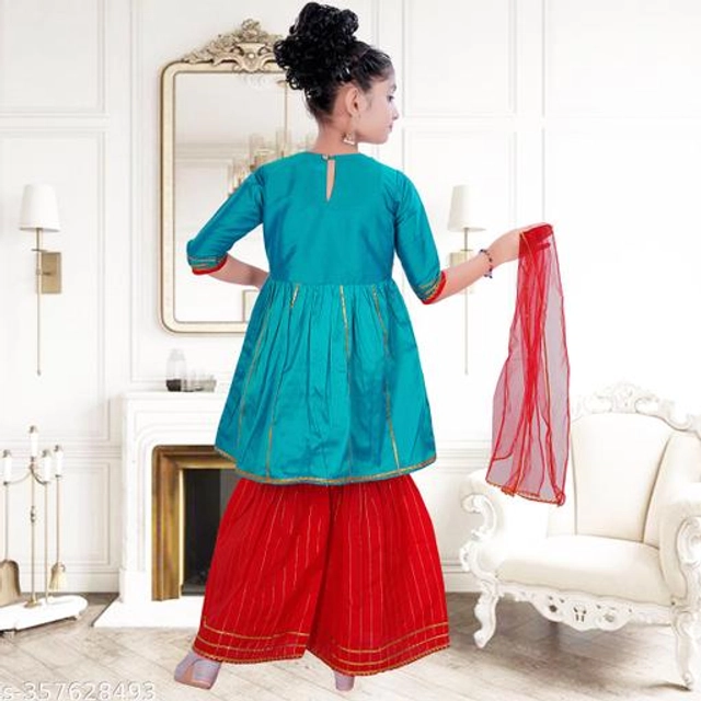 Poly Silk Kurta Sets for Girls (Teal & Red, 2-3 Years)