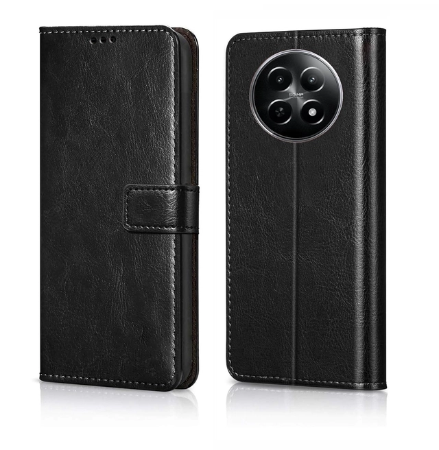 Artificial Leather Mobile Flip Cover for Realme 70X/12x/12 5G/C65 5G (Black)