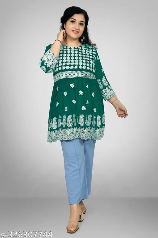 Georgette Chikankari Top for Women (Bottle Green, XL)