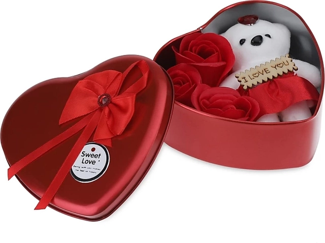 Artificial Roses with Teddy Bear Valentine's Day Gift Box (Multicolor)