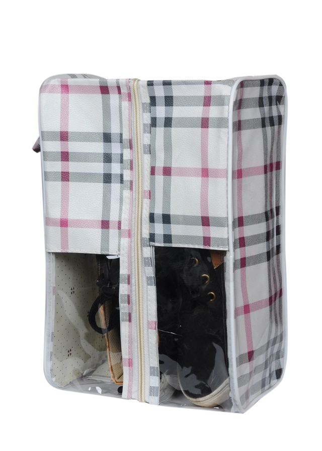 Portable Canvas Checkered Shoe Storage Bag (White)