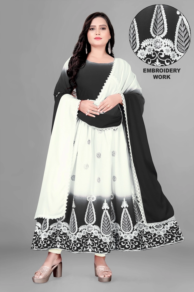 Jute Silk Ethnic Motif Gown with Dupatta for Women (Black & White, S)