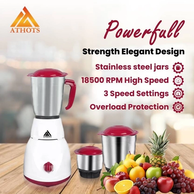 ATHOST Eco Mingle CNC Hybrid POWER FULL 555 Juicer Mixer Grinder (3 Jars, White, cheery)