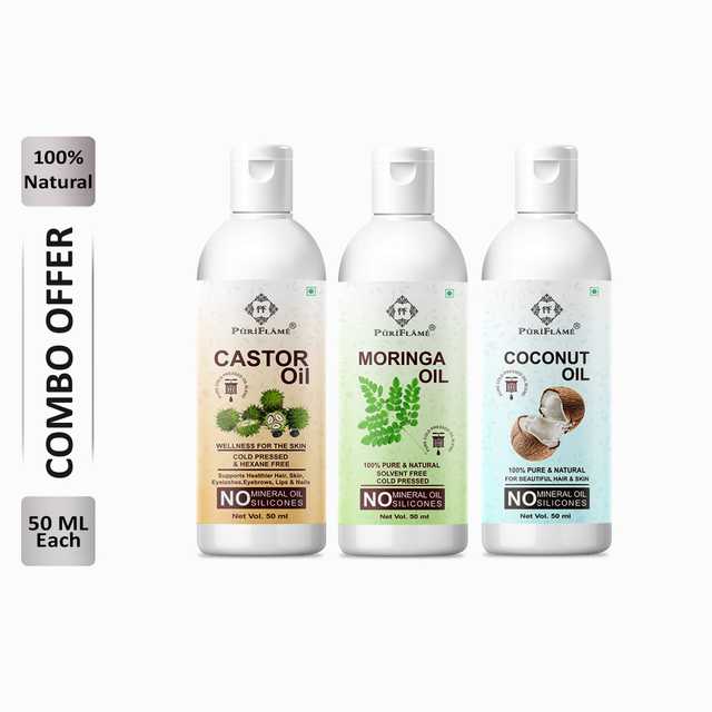 PuriFlame Pure Castor Oil (50 ml) & Moringa Oil (50 ml) & Coconut Oil (50 ml) Combo For Rapid Hair Growth (Pack Of 3) (B-9993)