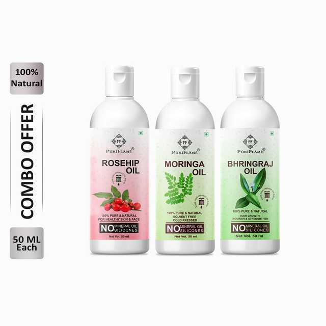 Puriflame Pure Rosehip Oil (50 ml), Moringa Oil (50 ml) & Bhringraj Oil (50 ml) Combo for Rapid Hair Growth (Pack of 3) (B-13374)