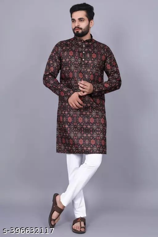 Cotton Printed Kurta with Pyjama for Men (S, Multicolor)