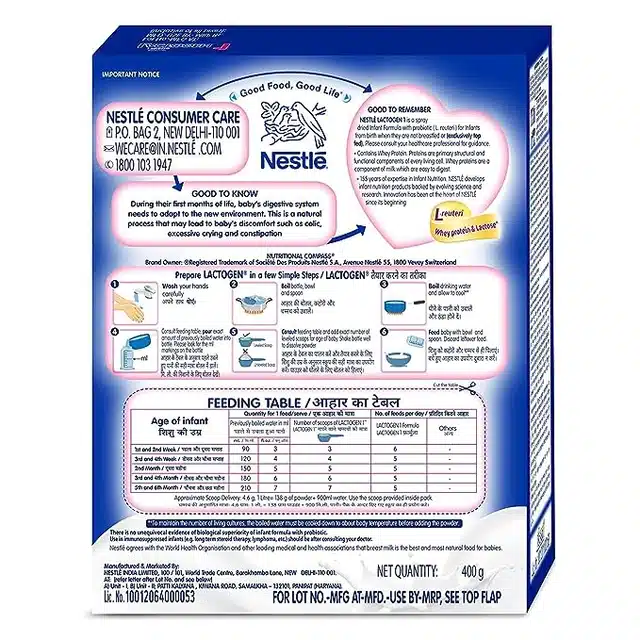नेस्ले लैक्टोजेन इन्फेंट फॉर्मूला पाउडर - स्टेज 1 (6 महीने तक) 400 g