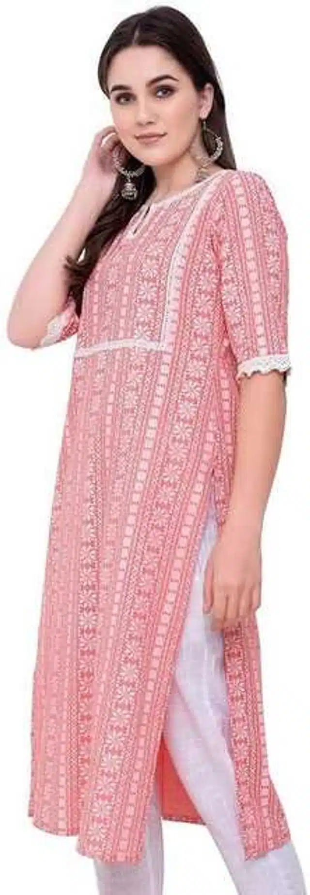 Women Cotton Blend Printed Kurta (Peach, XXL) (SD-627)