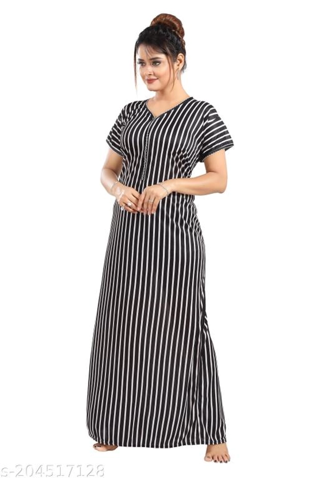 Polyester Nightdress for Women (Black, L)