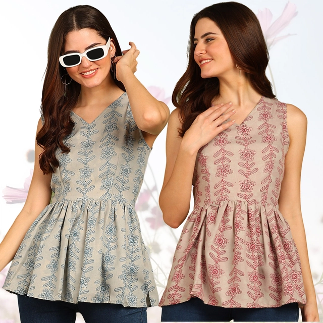 Rayon Printed Flared Top for Women (Blue & Maroon, S) (Pack of 2)