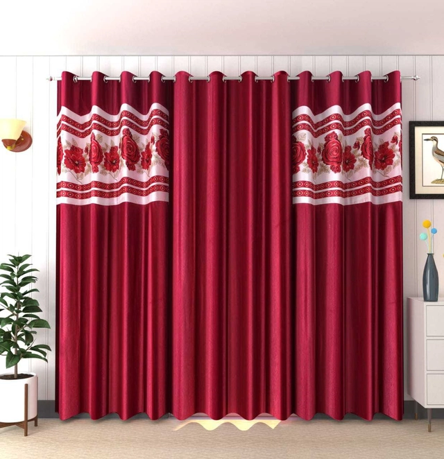 Polyester Room Darkening Printed Door Curtains (Maroon, 7 Feet) (Set of 3)