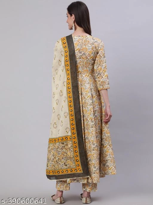 Cotton Printed Anarkali Kurti with Pant & Dupatta for Women (Yellow, S)