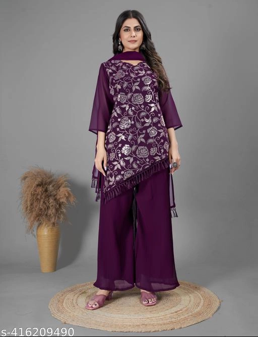 Georgette Embroidered Kurti with Sharara & Dupatta for Women (Purple, S)