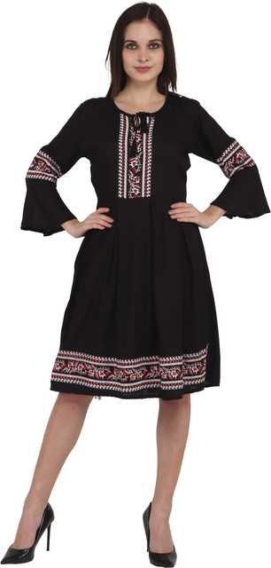 Stylish New Cotton Rayon Blend Women Printed Dress (Black, L) (ITN-87)