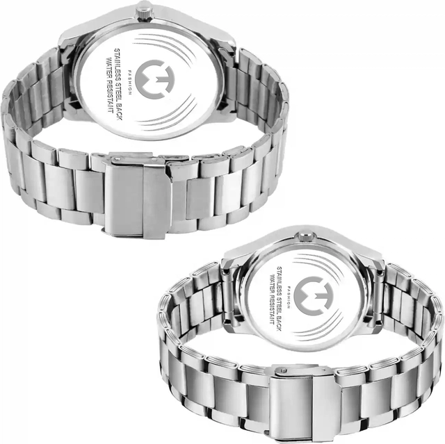 Stainless Steel Analog Couple Watch (Silver & Black, Pack of 2)