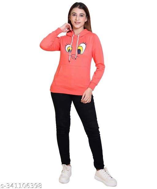 Fleece Printed Hoodie for Women (Red, M)