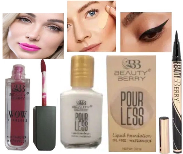 Combo of Beauty Berry Pourless Waterproof Liquid Foundation (30 ml) with Lip Gloss & Eyeliner (Multicolor, Set of 3)