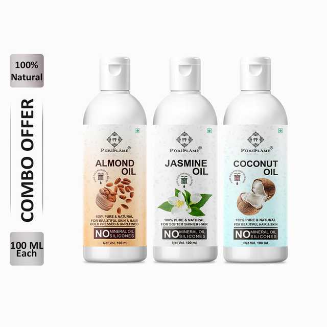 PuriFlame Pure Almond Oil (100 ml) & Jasmine Oil (100 ml) & Coconut Oil (100 ml) Combo For Rapid Hair Growth (Pack Of 3) (B-1734)