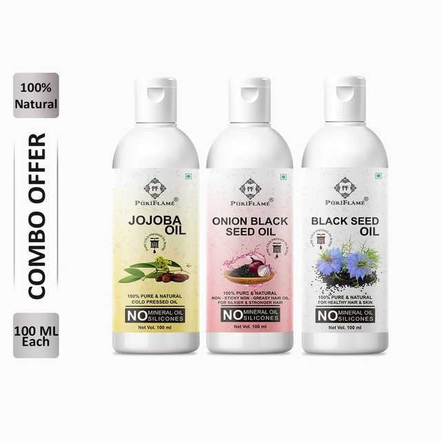 PuriFlame Pure Jojoba Oil (100 ml) & Onionblackseed Oil (100 ml) & Blackseed Oil (100 ml) Combo For Rapid Hair Growth (Pack Of 3) (B-5242)