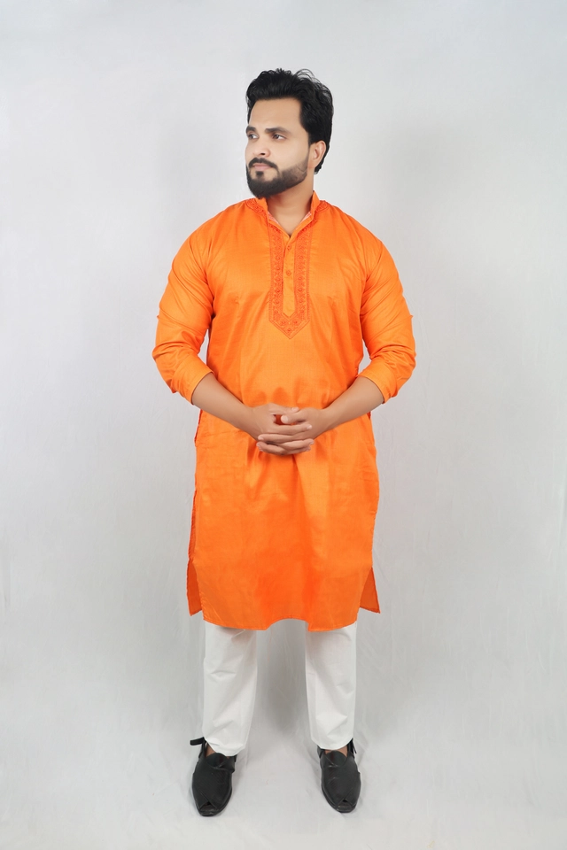 Cotton Full Sleeves Embroidered Kurta Set for Men (Orange & White, M)