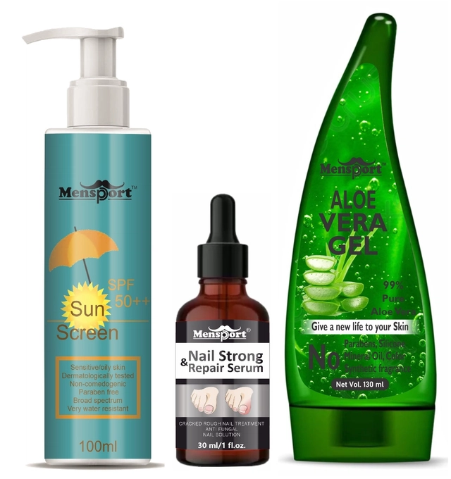 Mensport Broad Spectrum SPF Sunscreen Lotion (100 ml) with Nail Strong & Repair Serum (30 ml), Natural Aloevera Face Gel (130 ml) (Set of 3)