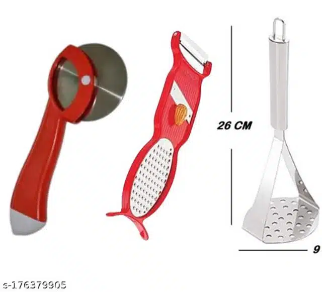 Stainless Steel Pizza Cutter with Multipurpose Peeler & Vegetable Masher (Red & Silver, Set of 3)