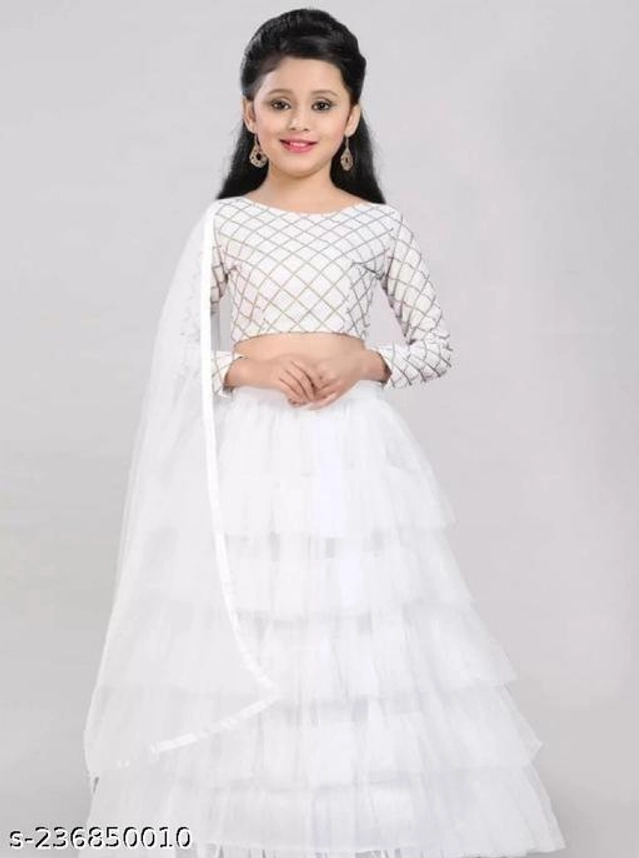 Net Solid Lehenga Choli with Dupatta for Girls (White, 1-2 Years)