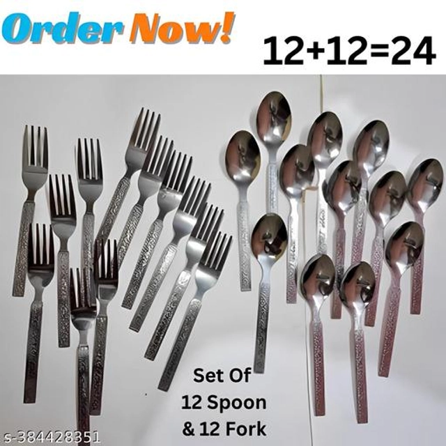 Stainless Steel 12 Pcs Spoons with 12 Pcs Forks (Silver, Set of 2)