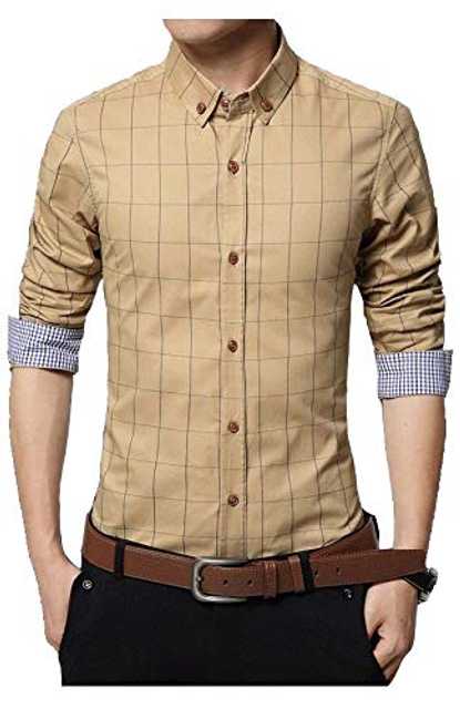 Men's Checkered Casual Shirt (Beige, M) (T40)