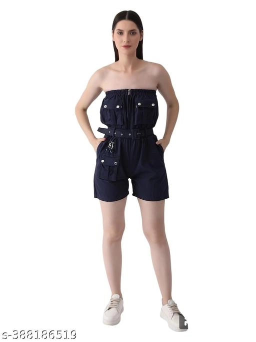 Denim Solid Jumpsuit for Women (Navy Blue, S)