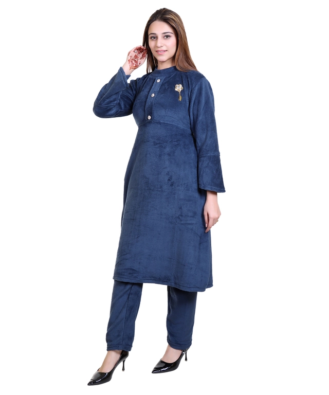 Super Soft Solid Kurti with Pant for Women (Blue, XXL)