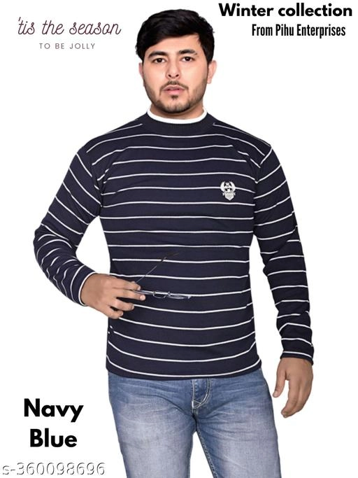 Woolen Striped Sweater for Men (Navy Blue, M)