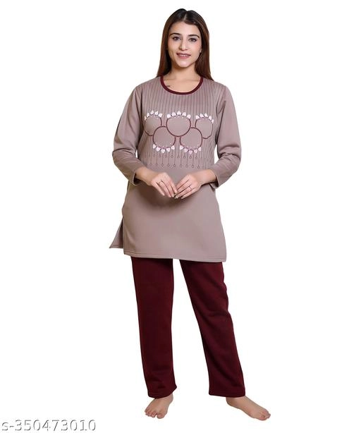 Wool Nightsuit for Women (Grey & Maroon, M)