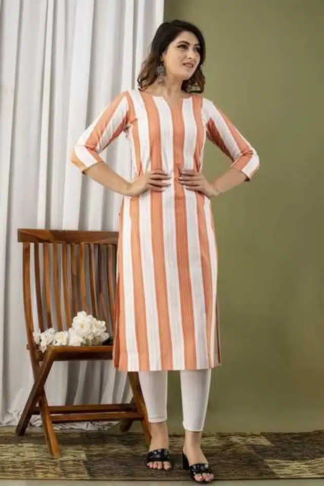 Women Cotton Blend Striped Kurta (Orange, M) (SD-657)
