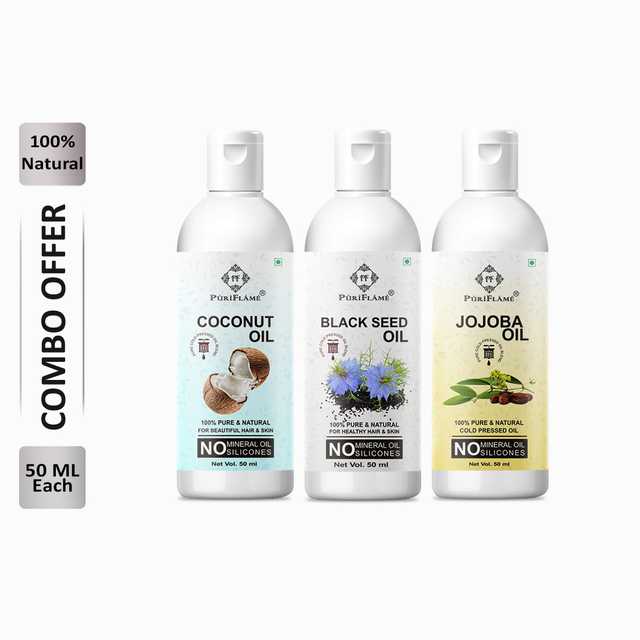 Puriflame Pure Coconut Oil (50 ml), Black Seed Oil (50 ml) & Jojoba Oil (50 ml) Combo for Rapid Hair Growth (Pack Of 3) (B-10200)