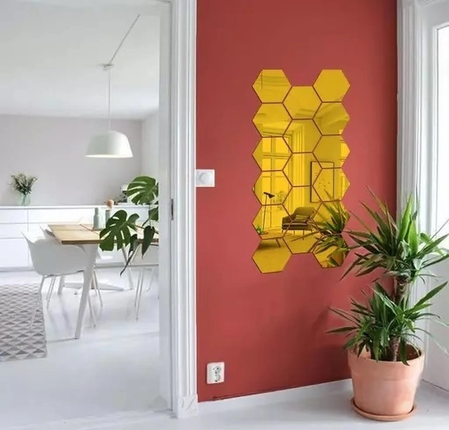 20 Hexagon Golden (Each Hexagon Size 12 cm x 10 cm) 3D Hexagon Mirror Wall Stickers, 3D Mirror Stickers for Wall Large Size, 3D Wall Mirror Stickers (Pack of 20)