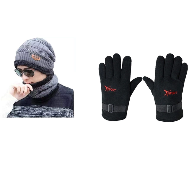 Woolen Cap with Neck Warmer & Gloves for Men & Women (Multicolor, Set of 2)