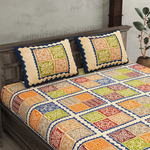 144 TC Fitted  Jaipuri Prints Double Bedsheet with 2 Pillow Cover 100% Cotton (Katha Barmeri)