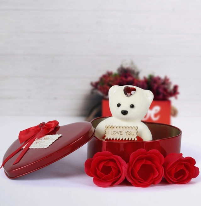 Artificial Roses with Teddy Bear Valentine's Day Gift Box (Multicolor)