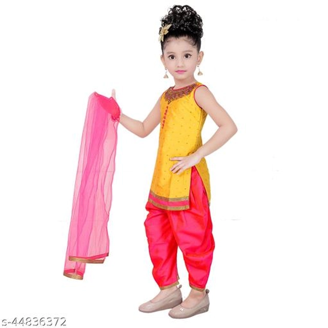 Silk Blend Kurta Sets for Girls (Yellow & Red, 12-18 Months)