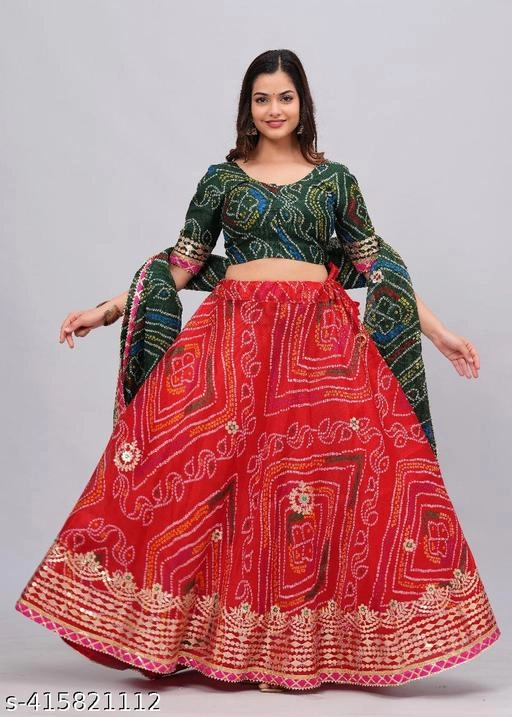 Kota Doriya Bandhani Semi Stitched Lehenga with Choli & Dupatta for Women (Green & Red)